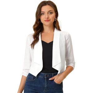 Summer Chiffon Bolero Shrug Blazer 3/4 Ruched Sleeve Open Front Cardigans White